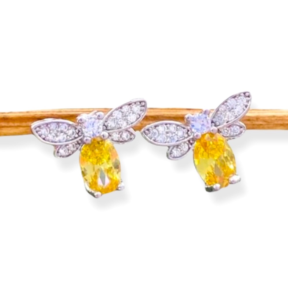 Citrine Honeybee Earrings • Simulated CZs • Rhodium Plated Setting